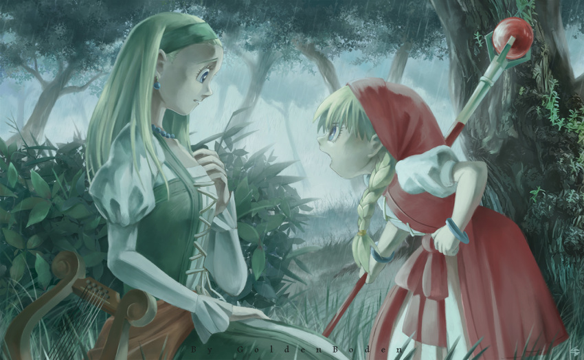 2girls artist_name blue_eyes bracelet braid dragon_quest dragon_quest_xi earrings eyelashes forest green_hairband hairband harp holding holding_staff instrument jewelry juliet_sleeves long_hair long_sleeves mei_ford multiple_girls nature open_mouth puffy_short_sleeves puffy_sleeves red_hood senya_(dq11) short_sleeves staff tree veronica_(dq11)