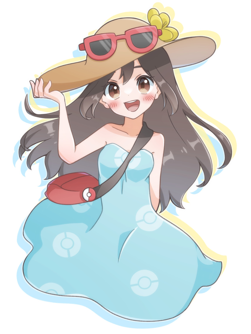 1girl :d absurdres bag between_breasts blush breasts brown_eyes brown_hair brown_headwear commentary_request dress flower hand_on_headwear hand_up happy hat hat_flower highres long_hair looking_at_viewer open_mouth petako_(ptpt_k) poke_ball_print pokemon pokemon_(game) pokemon_sm red-framed_eyewear red_bag shoulder_bag sightseer_(pokemon) smile solo strap_between_breasts strapless strapless_dress sunglasses teeth tongue upper_teeth_only yellow_flower