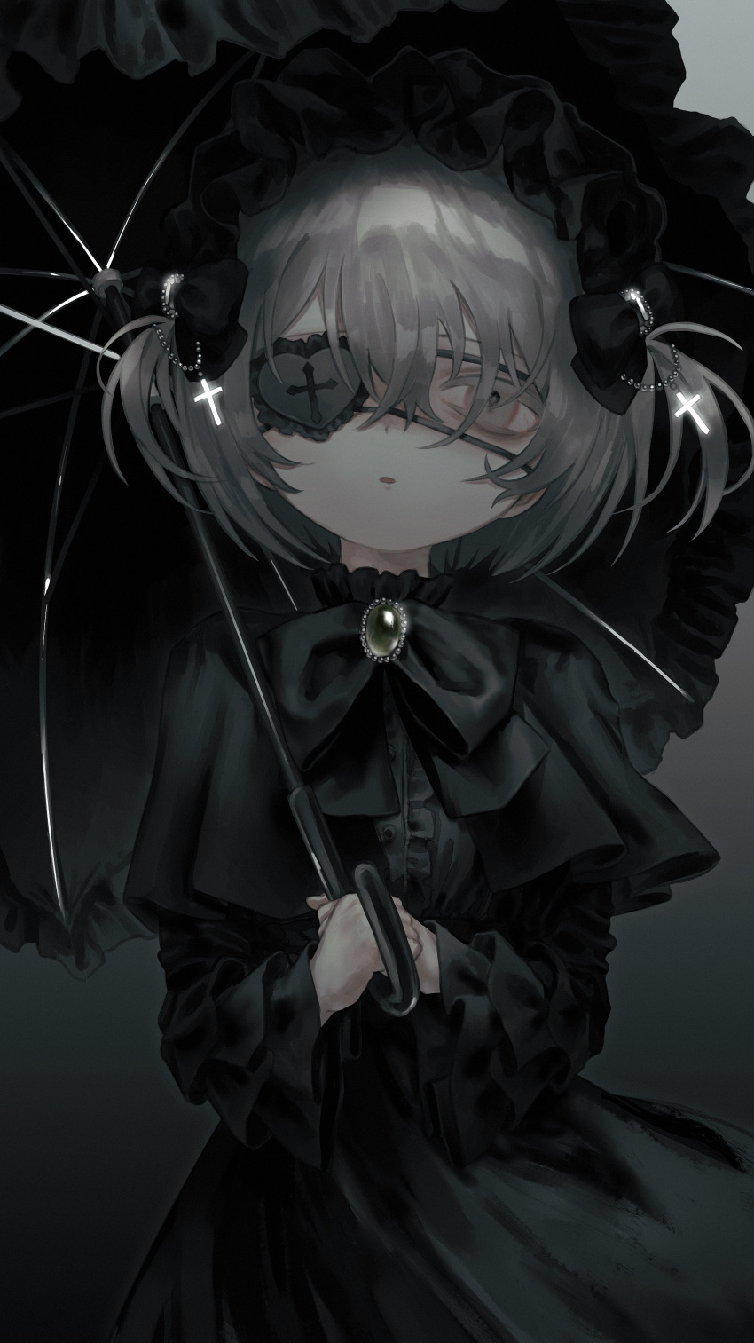 1girl absurdres black_background black_bow black_bowtie black_dress black_headwear black_theme bonnet bow bowtie brooch center_frills cowboy_shot dress eyepatch frilled_dress frills gothic_lolita grey_eyes grey_hair hair_between_eyes highres holding holding_umbrella jewelry lolita_fashion long_sleeves looking_at_viewer nia_(x_x02) one_eye_covered original own_hands_together short_hair sidelocks simple_background slit_pupils solo straight-on umbrella