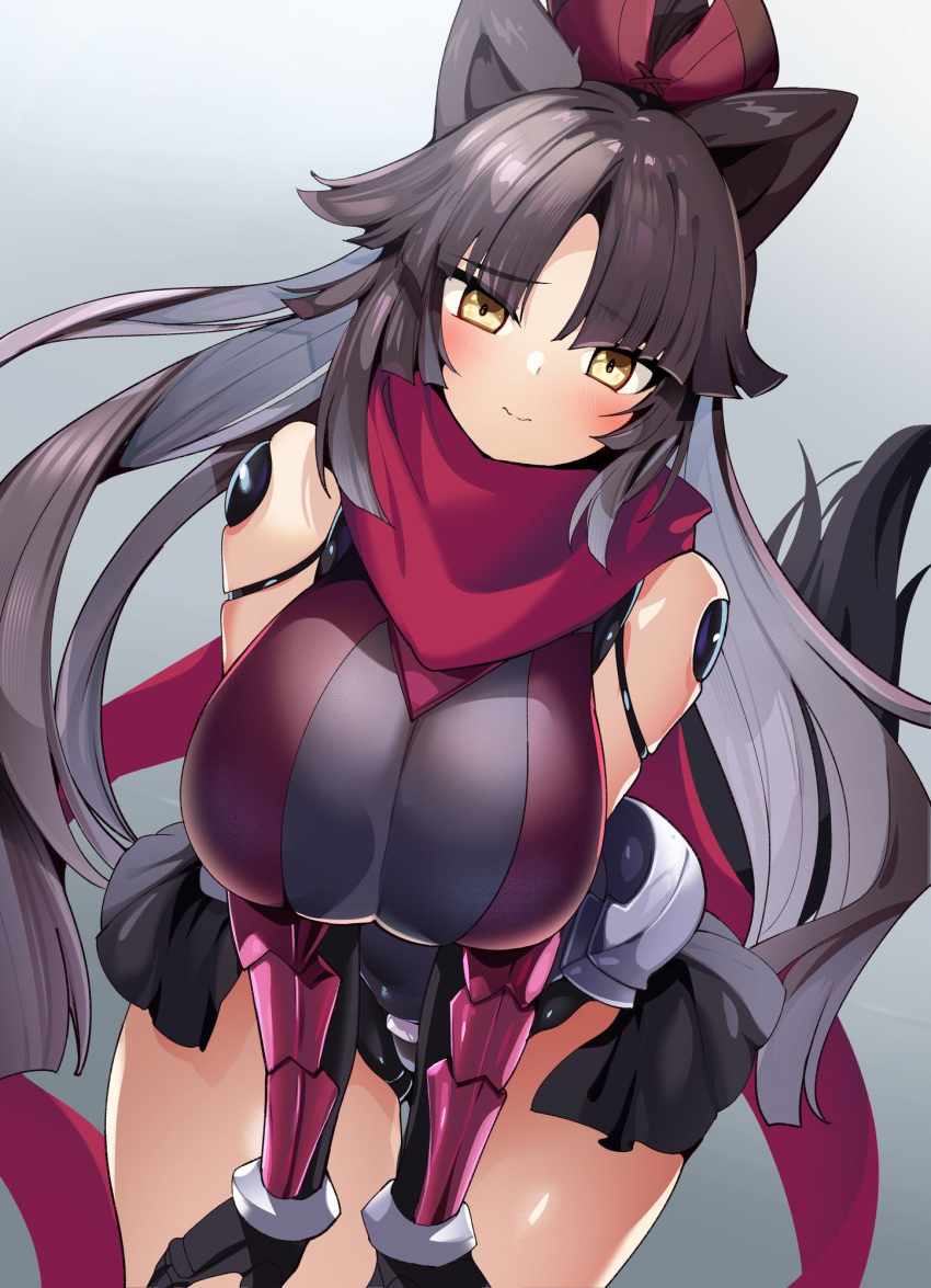 1girl animal_ears black_hair breasts dog_ears dog_tail fate/grand_order fate_(series) gradient_background highres katou_danzou_(fate) large_breasts leaning_forward long_hair ponytail ruri_rarako scarf smile tail yellow_eyes