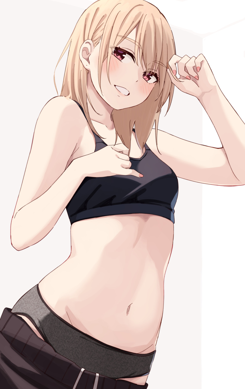 1girl absurdres black_panties blonde_hair blush breasts clothes_pull collarbone commentary_request grin groin gym_shorts highres kapatarou medium_hair navel original panties pink_nails red_eyes shorts shorts_pull simple_background small_breasts smile solo sports_bra teeth underwear white_background