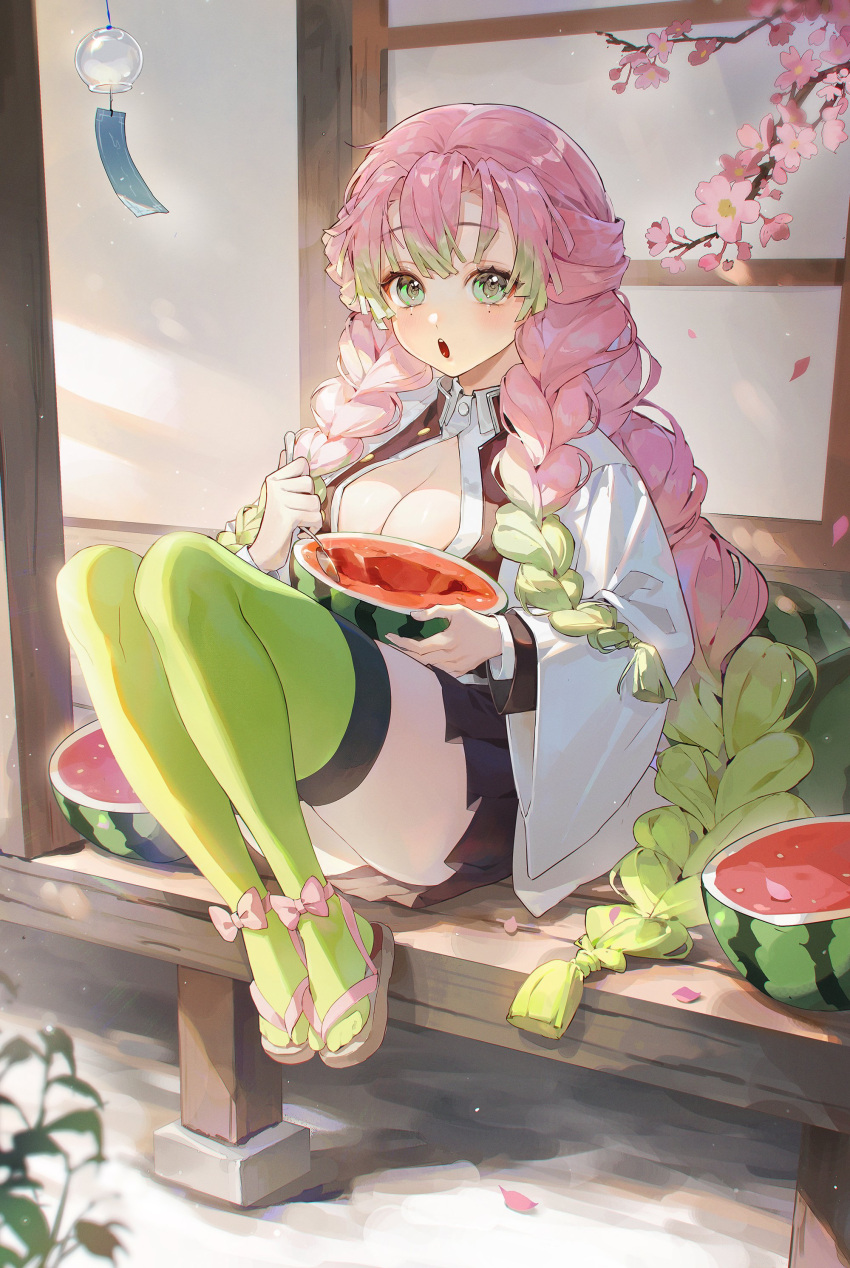 1girl :o absurdres architecture black_jacket black_skirt blurry bow braid branch breasts brown_footwear cherry_blossoms cleavage commentary demon_slayer_uniform depth_of_field east_asian_architecture falling_petals feet flower food footwear_bow fruit full_body gradient_hair green_eyes green_hair green_thighhighs haori highres holding holding_food holding_spoon jacket japanese_clothes kanroji_mitsuri kimetsu_no_yaiba knees_up legs light_blush long_hair long_sleeves looking_at_viewer medium_breasts mole mole_under_eye multicolored_hair multiple_braids on_floor open_clothes open_mouth open_shirt petals pink_bow pink_flower pink_hair pino_ko plant pleated_skirt porch sandals shirt shouji sitting skirt sliding_doors solo spoon symbol-only_commentary thighhighs toes tri_braids watermelon white_haori white_shirt wide_sleeves wind_chime wooden_floor wooden_porch zettai_ryouiki