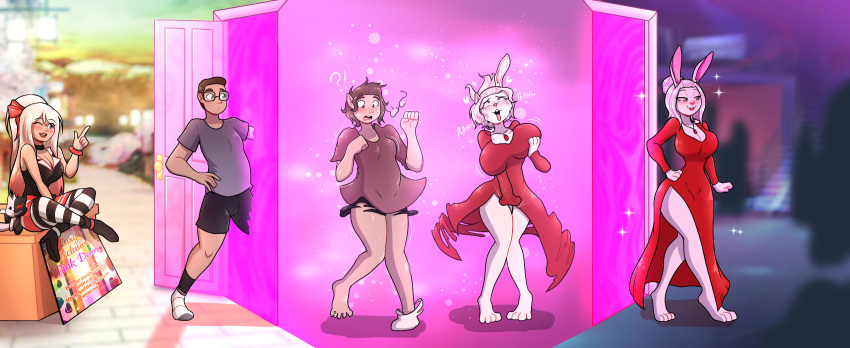 anthro aroused big_breasts blush breast_growth breasts clothed clothing colored confusion dimensional_travel door dress duo female fur gender_transformation growth hair hair_growth hand_on_breast hand_on_crotch hi_res judgement6x lagomorph leporid male mammal mid_transformation mtf_transformation rabbit species_transformation thick_thighs transformation white_body white_fur white_hair