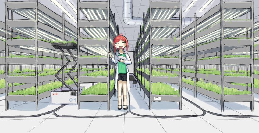 1girl barefoot_sandals black_shorts farm farming fluorescent_lamp green_shirt highres hydroponic_farming hydroponics interior lab_coat laboratory mechanical_arms non-humanoid_robot original plant ponytail red_hair robot sandals science_fiction scientist shelf shirt shorts smile solo tile_floor tiles triplchii tsukumizu_yuu_(style) vent_(object) ventilation_shaft wire