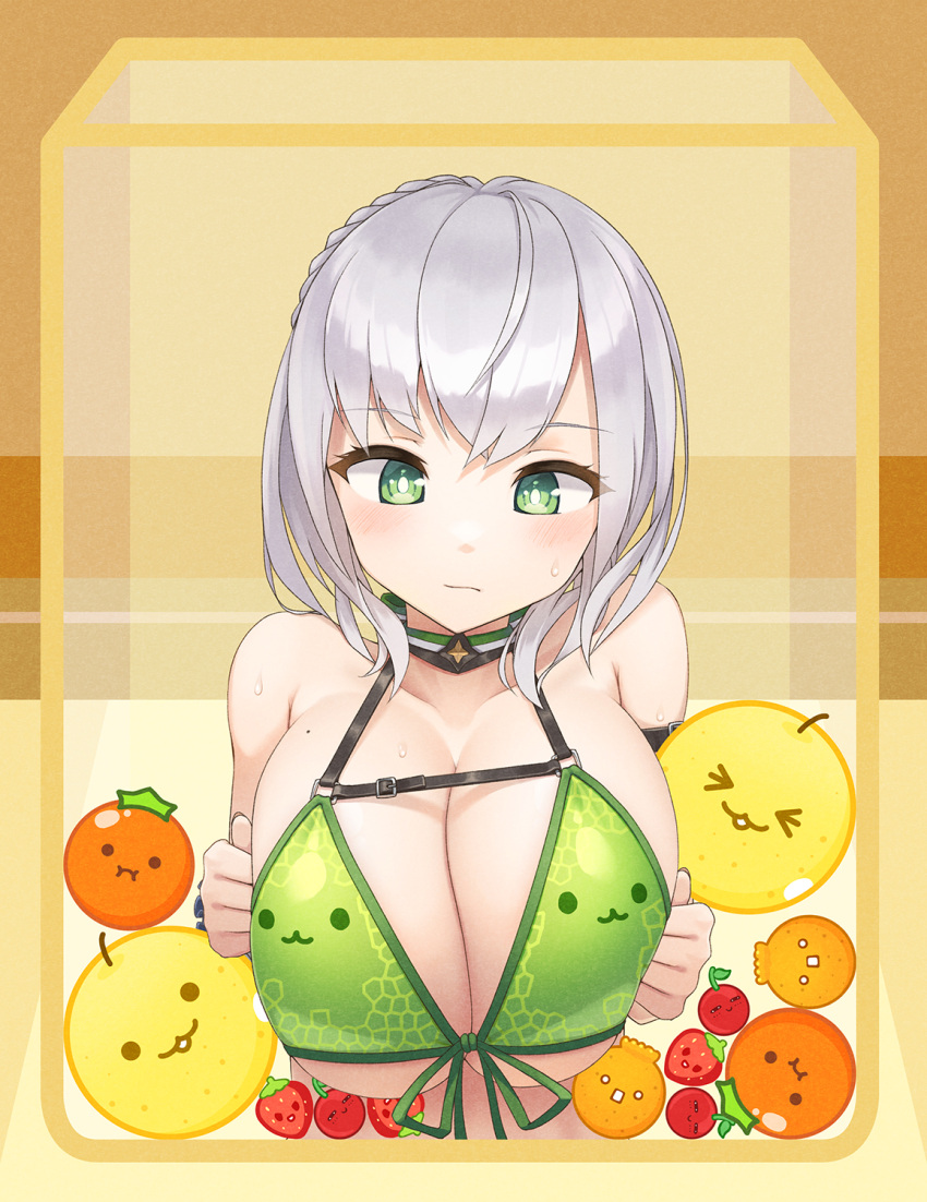 &gt;_&lt; 1girl bikini bow bow_bikini braid breasts breasts_squeezed_together cherry choker closed_mouth collarbone eguchi_kanade food fruit green_bikini green_eyes highres hololive huge_breasts looking_at_viewer mole mole_on_breast orange_(fruit) plaid plaid_background shirogane_noel short_hair solo straight-on strawberry suika_game sweat swimsuit upper_body virtual_youtuber white_hair yellow_background