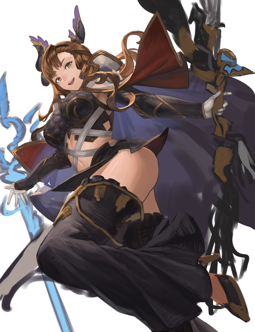 1girl absurdres arrow_(projectile) belt black_leggings bow_(weapon) breasts brown_eyes brown_hair cloak detached_leggings detached_pants gloves granblue_fantasy high_heels highres konoike_(pepe_expect) large_breasts leggings long_hair looking_at_viewer midriff navel open_mouth shorts sidelocks smile solo tweyen_(granblue_fantasy) weapon white_gloves