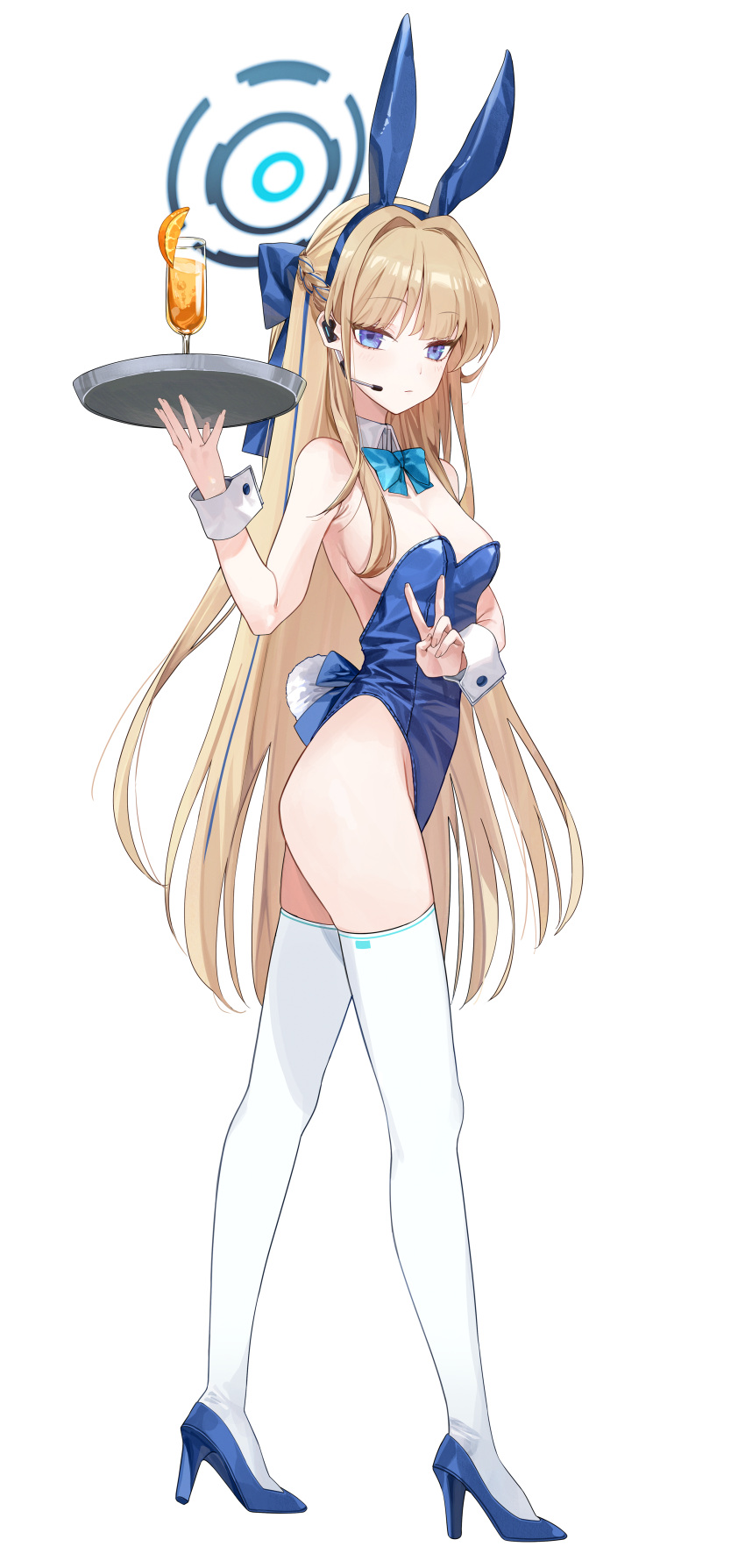 1girl absurdres animal_ears blonde_hair blue_archive blue_bow blue_eyes blue_hairband blue_leotard bow bowtie breasts cup detached_collar drinking_glass earpiece fake_animal_ears food fruit full_body hairband halo high_heels highleg highleg_leotard highres holding holding_tray leotard long_hair medium_breasts microphone official_alternate_costume official_alternate_hairstyle orange_(fruit) orange_slice playboy_bunny punyong827 rabbit_ears rabbit_tail revision simple_background solo tail thighhighs thighs toki_(blue_archive) toki_(bunny)_(blue_archive) tray v very_long_hair white_background white_thighhighs wrist_cuffs