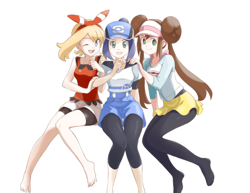 3girls ;d bare_legs barefoot baseball_cap bettie_(pokemon) bike_shorts bike_shorts_under_shorts black_hair black_leggings black_pantyhose blonde_hair blue_headwear blue_shorts bow_hairband buttons commentary_request double_bun doughnut_hair_bun grey_eyes hair_bun hairband hand_on_another's_shoulder hand_up hat high-waist_shorts highres invisible_chair knees leggings legwear_under_shorts may_(pokemon) multiple_girls one_eye_closed pantyhose pokemon pokemon_(game) pokemon_bw2 pokemon_masters_ex pokemon_oras raglan_sleeves rosa_(pokemon) shirt short_shorts shorts simple_background single_hair_bun sitting sleeveless sleeveless_shirt smile toes twintails u4_99384295 undershirt visor_cap white_background white_shirt white_shorts yellow_shorts