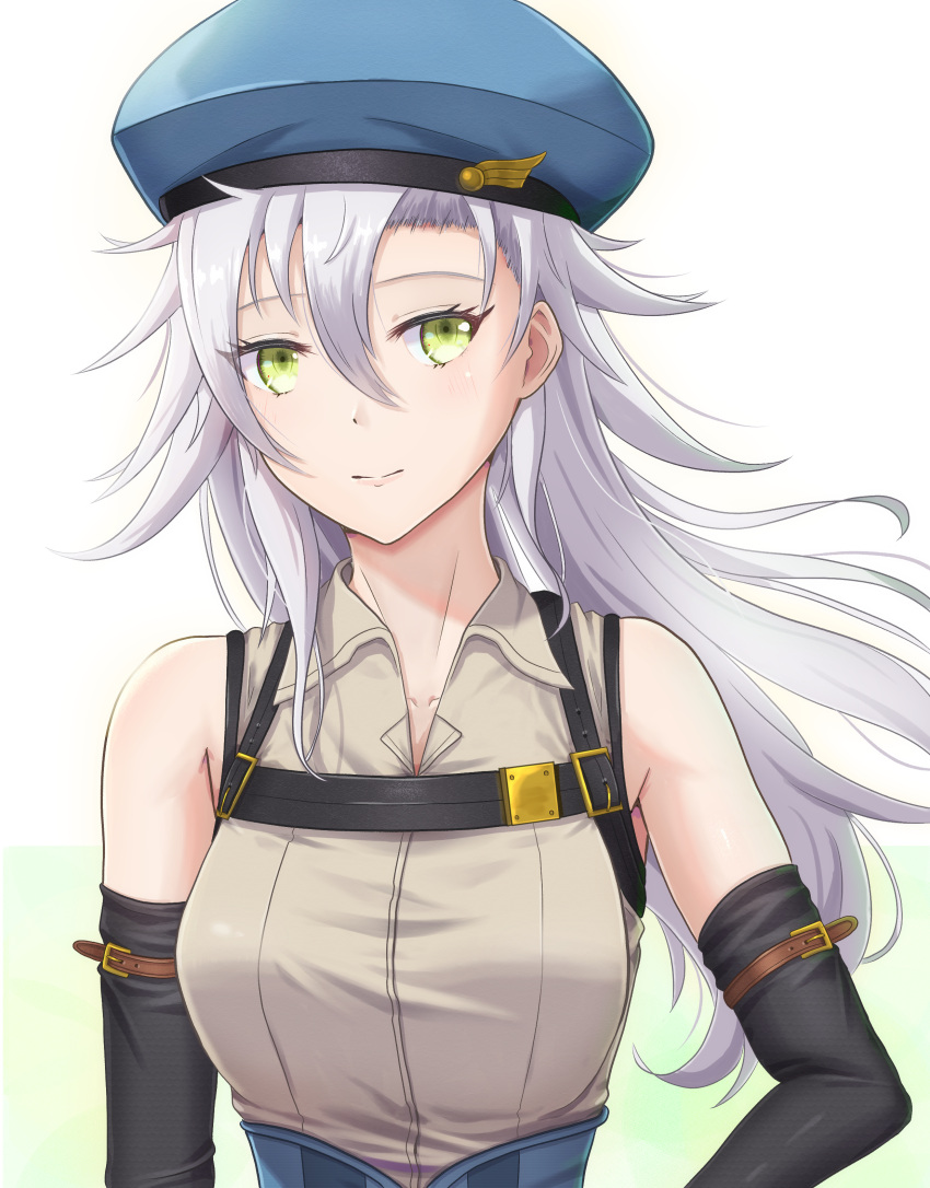 1girl absurdres double-parted_bangs eiyuu_densetsu elbow_gloves fie_claussell gloves green_eyes hat highres kuro_no_kiseki long_hair looking_at_viewer portrait simple_background smile solo upper_body white_hair witch_f