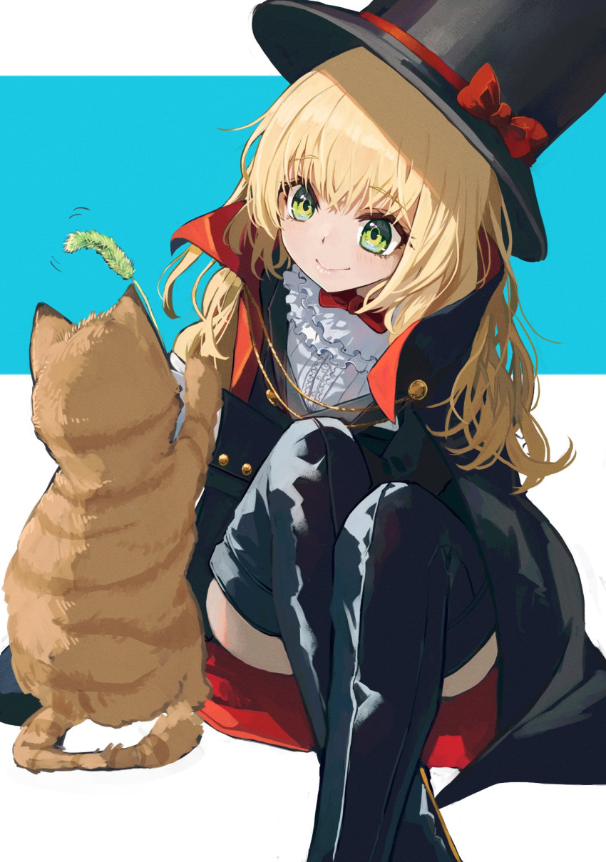 1girl 1other black_cloak black_footwear black_headwear black_jacket black_thighhighs blonde_hair boots bow bowtie cat cat_teaser cloak commission crossed_legs gloves green_eyes hat highres jacket knees_up long_hair nyucha original phantom_thief shirt sitting skeb_commission smile solo thigh_boots thighhighs top_hat white_gloves white_shirt