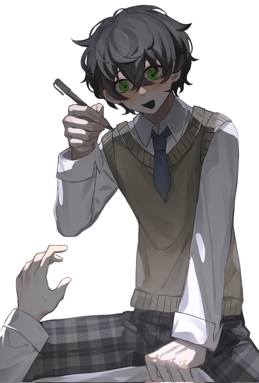 1boy 1other black_hair calasile character_request degrees_of_lewdity green_eyes highres male_focus necktie open_mouth pen school_uniform simple_background solo sweater white_background