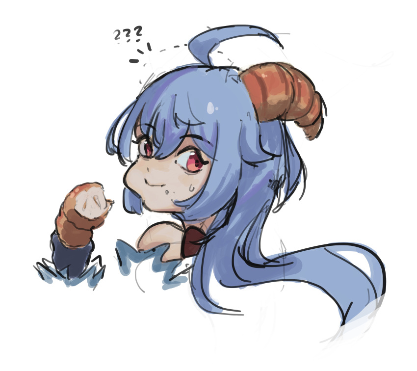 1girl absurdres ahoge blue_hair bread croissant curled_horns eating fake_horns food ganyu_(genshin_impact) genshin_impact highres holding holding_food horns long_hair potatomochii purple_eyes solo sweatdrop