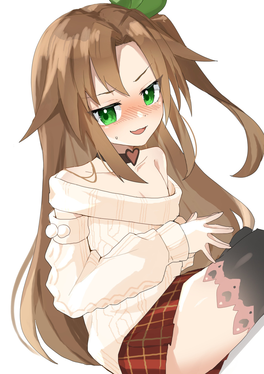 1girl absurdres artist_request bare_shoulders black_thighhighs blush brown_hair check_artist choker collarbone commentary_request commission compa compa_(cosplay) cosplay detached_sleeves green_eyes hair_between_eyes hair_ornament heart heart_choker highres if_(neptune_series) leaf_hair_ornament neptune_(series) open_mouth plaid plaid_skirt pom_pom_(clothes) red_skirt shibuminigai sitting skeb_commission skirt sweater thighhighs