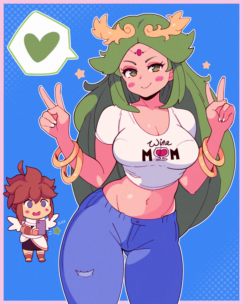 1boy 1girl absurdres ass blush bralines breasts cleavage clothes_writing curvy denim double_v forehead_jewel green_hair heart highres jeans kid_icarus laurel_crown long_hair mature_female midriff palutena pants phone pit_(kid_icarus) taking_picture thighs tiaradraws v vambraces