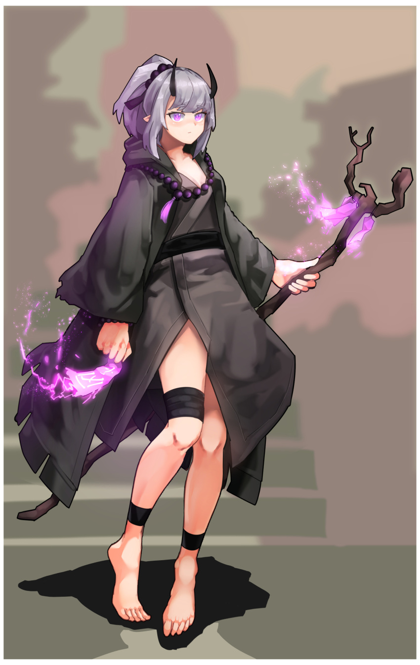 absurdres ankle_ribbon bandaged_leg bandages barefoot beads belt black_belt black_cloak character_request clenched_hand cloak clothing_request demon_girl dougi feet grey_hair h.pn highres holding holding_staff holding_weapon hood hood_down horns leg_ribbon looking_at_viewer mage_staff magic oni_horns original pale_skin pointy_ears ponytail prayer_beads purple_eyes ribbon shadow shiny_skin staff stairs talisman walking weapon