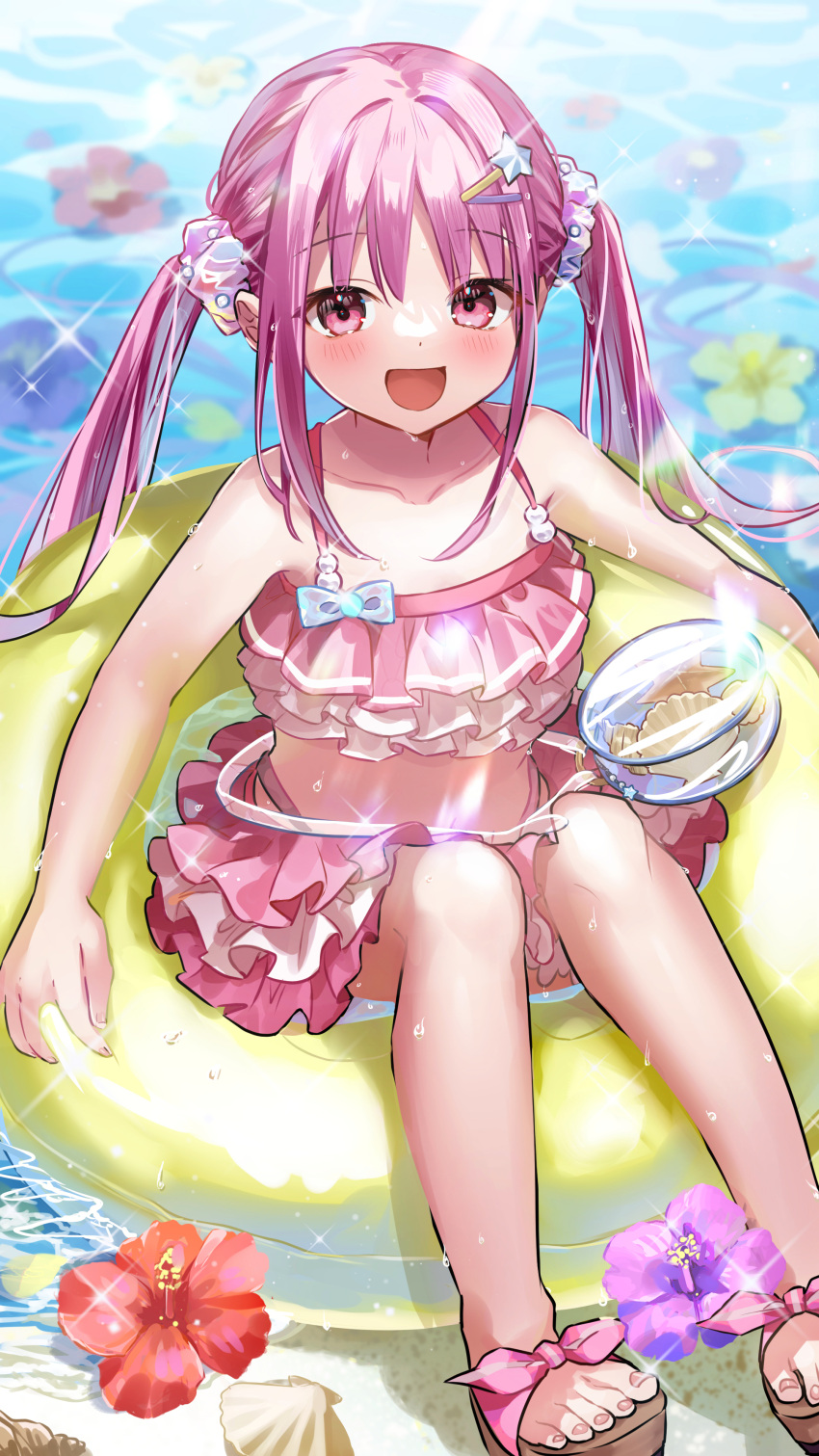 1girl absurdres blush buoy double_bun hair_bun heaven_burns_red highres kunimi_tama long_hair looking_at_viewer pink_eyes pink_hair pool sake_(utopia_modoki) skirt smile solo swimsuit