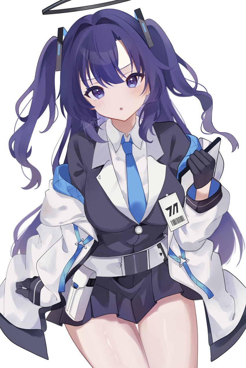 1girl :o absurdres black_gloves black_skirt blue_archive blue_eyes blue_necktie blush breasts gloves halo highres id_card jacket jacket_partially_removed long_hair looking_at_viewer medium_breasts miniskirt necktie open_clothes open_jacket purple_hair shu10 simple_background skirt solo two-sided_fabric two-sided_jacket two_side_up very_long_hair white_background yuuka_(blue_archive)