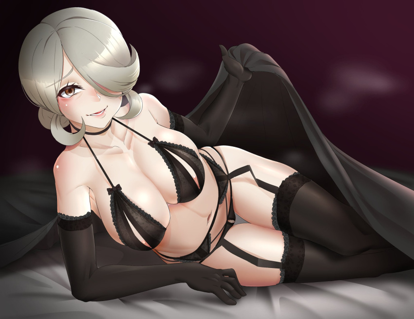 1girl arm_support black_bra black_choker black_gloves black_panties black_thighhighs bra breasts brown_eyes c_take0141 choker cogita_(pokemon) collarbone come_hither crotchless crotchless_panties elbow_gloves garter_belt gloves grey_hair hair_over_one_eye highres lace-trimmed_legwear lace_trim large_breasts lingerie looking_at_viewer lying medium_hair multi-strapped_panties navel nippleless_clothes on_side panties pokemon pokemon_(game) pokemon_legends:_arceus solo thighhighs under_covers underwear