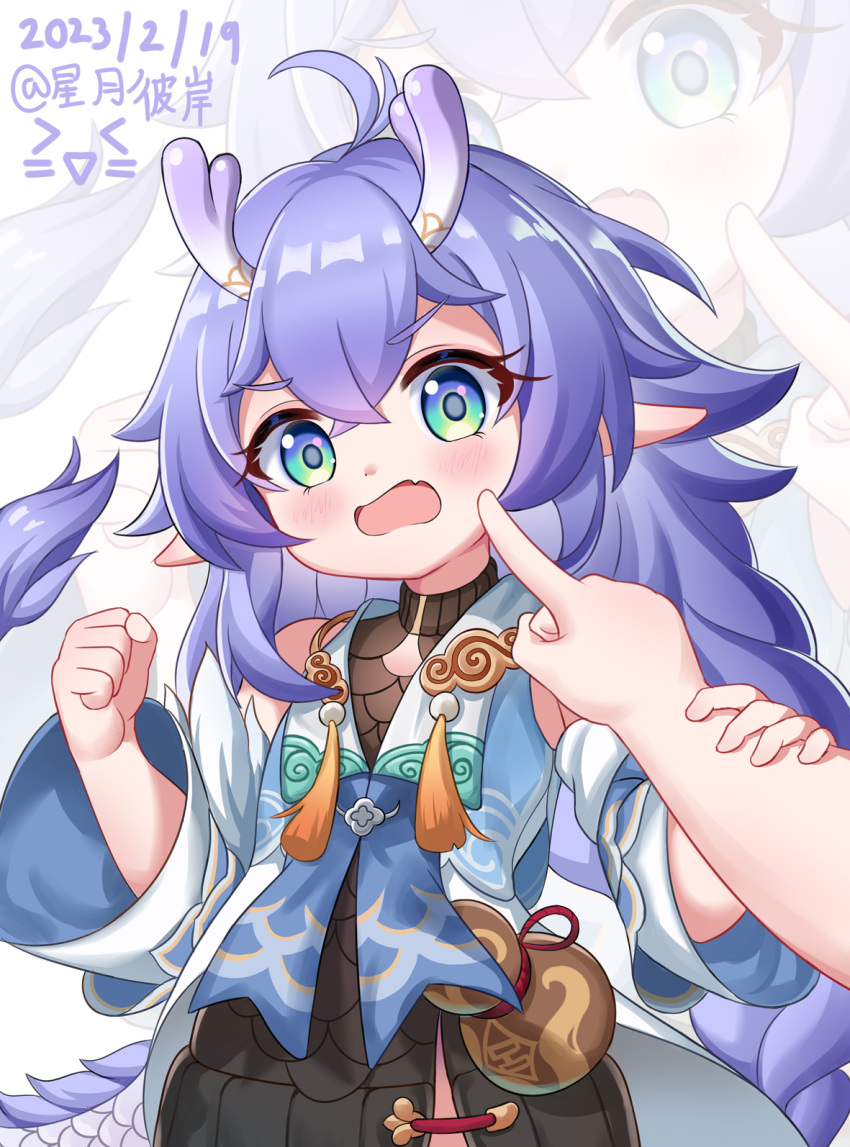 1girl :o bailu_(honkai:_star_rail) blue_hair cheek_poking chinese_clothes commentary_request detached_sleeves dragon dragon_girl dragon_horns eastern_dragon gourd green_eyes hair_between_eyes highres honkai:_star_rail honkai_(series) horns hoshitsuki_higan long_hair long_sleeves looking_at_viewer pointy_ears poking pov sidelocks simple_background wide_sleeves zoom_layer