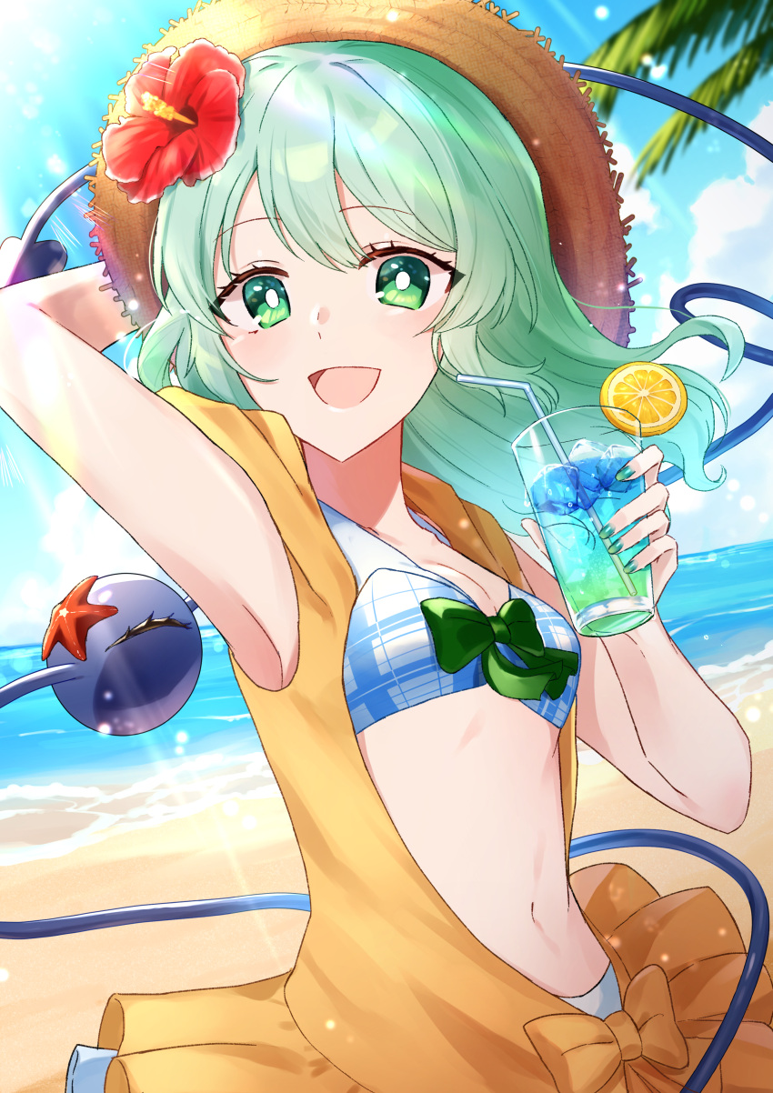 1girl :d absurdres arm_behind_head arm_up beach bikini blue_sky breasts bright_pupils brown_headwear cleavage cloud commentary_request cup drinking_glass flower green_eyes green_hair hair_flower hair_ornament hat highres holding holding_cup komeiji_koishi komeiji_koishi_(the_excited_eyes_of_love) light_particles looking_at_viewer medium_hair nano_popo02 navel open_clothes open_mouth outdoors palm_tree plaid plaid_bikini red_flower sky smile solo starfish straw_hat swimsuit third_eye touhou touhou_lost_word tree upper_body white_bikini white_pupils