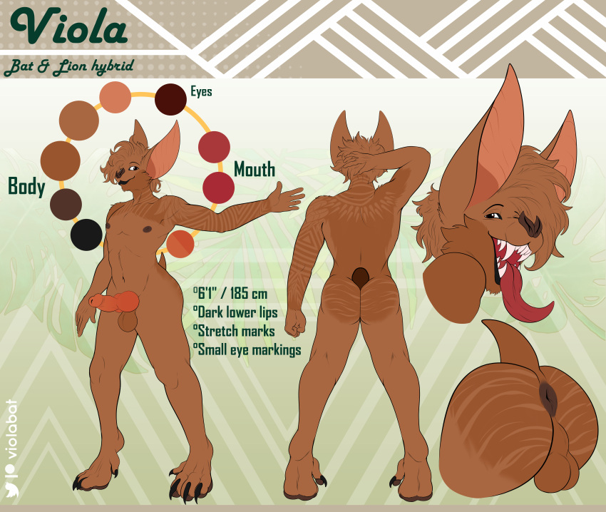 absurd_res anthro anus asymmetrical_coloring bat curled_hair felid hair hi_res hybrid lion looking_at_viewer male mammal model_sheet multicolored_body open_mouth pantherine presenting presenting_anus sharp_teeth small_tail solo stretch_marks tail teeth two_tone_body viola_bat viola_bat_(character)