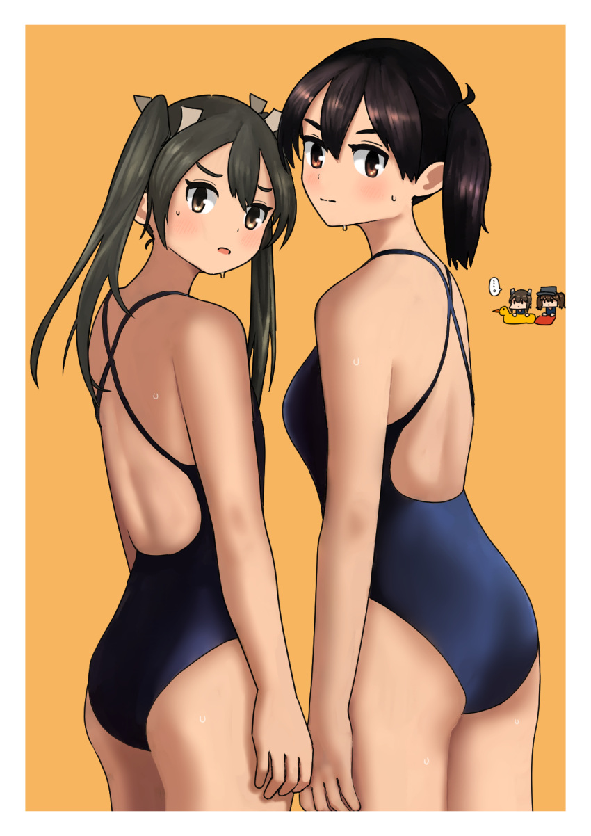 4girls ass black_hair blue_one-piece_swimsuit breasts brown_eyes commentary_request cowboy_shot flat_chest grey_hair highres kaga_(kancolle) kantai_collection long_hair looking_at_viewer looking_back medium_breasts multiple_girls one-piece_swimsuit orange_background ryuujou_(kancolle) side_ponytail standing swimsuit taihou_(kancolle) timmyyen twintails yellow_eyes zuikaku_(kancolle)