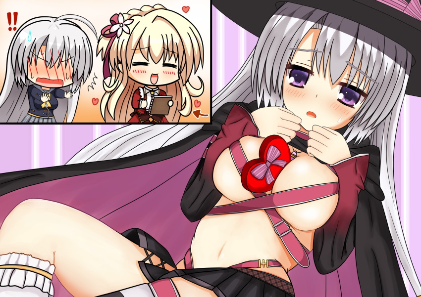 ! !! 2girls :d ^^^ ^_^ ahoge amairo_islenauts ayachi_nene belt_bra black_cape black_headwear black_skirt blonde_hair blush box braid breast_hold breasts cape chibi cleavage closed_eyes commentary_request company_connection crossover crown_braid drawing embarrassed flower full-face_blush gift_between_breasts hair_between_eyes hair_flower hair_ornament hands_up hat heart heart-shaped_box highres large_breasts long_hair long_sleeves looking_at_viewer lying miniskirt multiple_girls navel no_eyes on_back open_mouth pleated_skirt plumtea_an purple_background purple_eyes sanoba_witch school_uniform shirley_warwick simple_background skindentation skirt smile stomach straight_hair sweatdrop very_long_hair wavy_mouth white_hair wide_sleeves witch_hat yuzu-soft