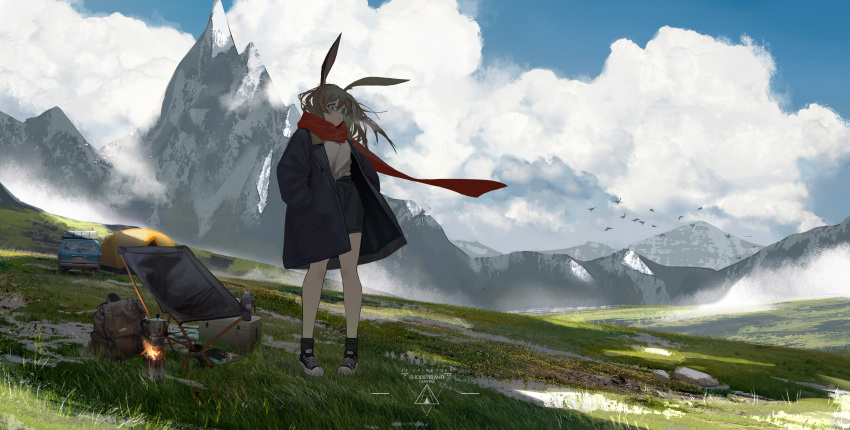 1girl absurdres amiya_(arknights) animal_ears arknights backpack bag bird black_coat black_shorts black_socks blue_eyes blue_footwear brown_hair camping_chair car chinese_commentary cloud coat day grey_skirt hands_in_pockets highres long_hair long_sleeves looking_afar moka_pot motor_vehicle mountainous_horizon oka_ball open_clothes open_coat outdoors portable_stove rock scarf shoes shorts skirt sneakers socks solo standing tent thermos wind