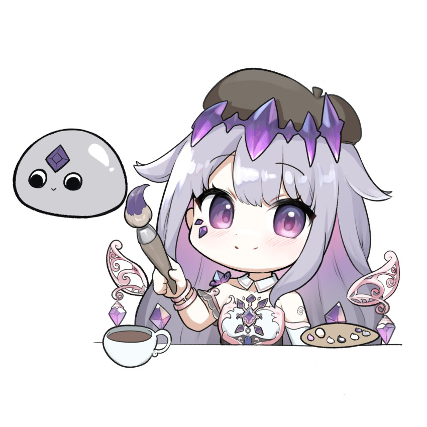 1girl chibi coffee_cup cup detached_collar disposable_cup dress grey_hair highres holding holding_paintbrush hololive hololive_english koseki_bijou paintbrush palette_(object) pebble_(koseki_bijou) purple_eyes smile snowmya strapless strapless_dress virtual_youtuber white_background