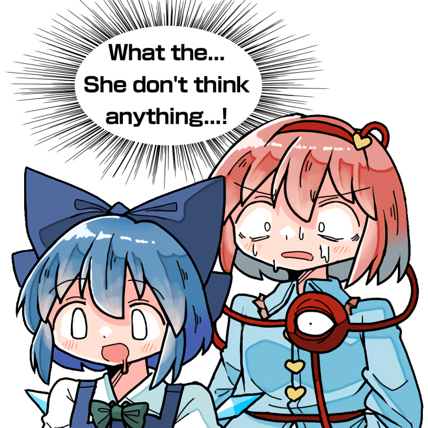 2girls blue_hair blue_shirt bow bowtie cirno drooling english_text hairband ice ice_wings kasuya_baian komeiji_satori multiple_girls pink_hair shirt sweat third_eye touhou wings