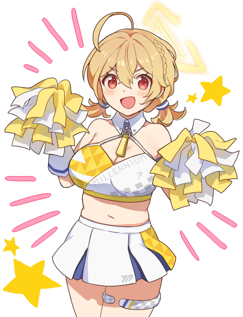 1girl ahoge blonde_hair blue_archive braid breasts character_name cheerleader cleavage commentary_request criss-cross_halter detached_collar dual_wielding elbow_gloves gloves hair_between_eyes hair_tubes halo halterneck highres holding holding_pom_poms kotori_(blue_archive) kotori_(cheer_squad)_(blue_archive) looking_at_viewer low_twintails medium_hair millennium_cheerleader_outfit_(blue_archive) navel official_alternate_costume official_alternate_hairstyle pleated_skirt pom_pom_(cheerleading) red_eyes sidelocks simple_background single_braid skirt sleeveless solo stomach thighlet twintails two-tone_skirt v-shaped_eyebrows white_gloves white_skirt zetaro