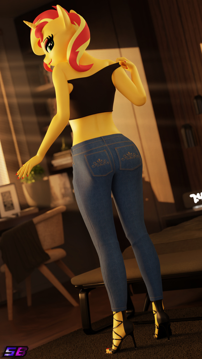 3d_(artwork) absurd_res anthro anthrofied blonde_hair blue_eyes bottomwear clothing colored_nails denim denim_clothing digital_media_(artwork) equestria_girls equid equine footwear friendship_is_magic hair hasbro hi_res high_heels horn jeans light light_beam lips lipstick looking_at_viewer makeup mammal multicolored_hair my_little_pony nails pants red_hair red_lips red_lipstick red_nail_polish red_nails shadowbolts_(mlp) shirt standing sunbeam sunlight sunset_shimmer_(eg) tank_top topwear two_tone_hair unicorn