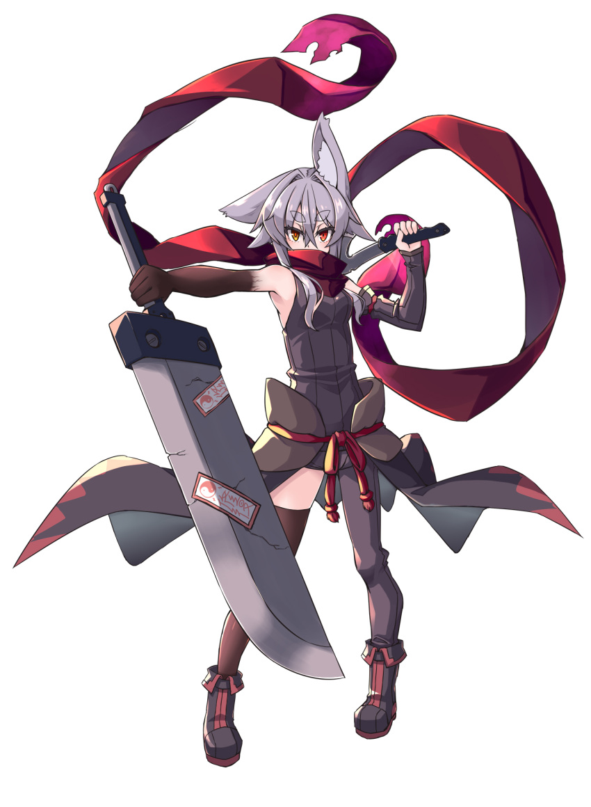 1girl animal_ear_fluff animal_ears asymmetrical_legwear bare_arms bare_shoulders black_footwear boots breasts brown_thighhighs commentary_request covered_mouth grey_hair grey_pantyhose hair_between_eyes highres holding holding_sword holding_weapon huge_weapon kuro-ekaki long_hair looking_at_viewer medium_breasts original outstretched_arm pantyhose red_eyes scarf short_eyebrows simple_background single_leg_pantyhose solo sword thick_eyebrows thighhighs torn_scarf unaligned_ears weapon weapon_request white_background