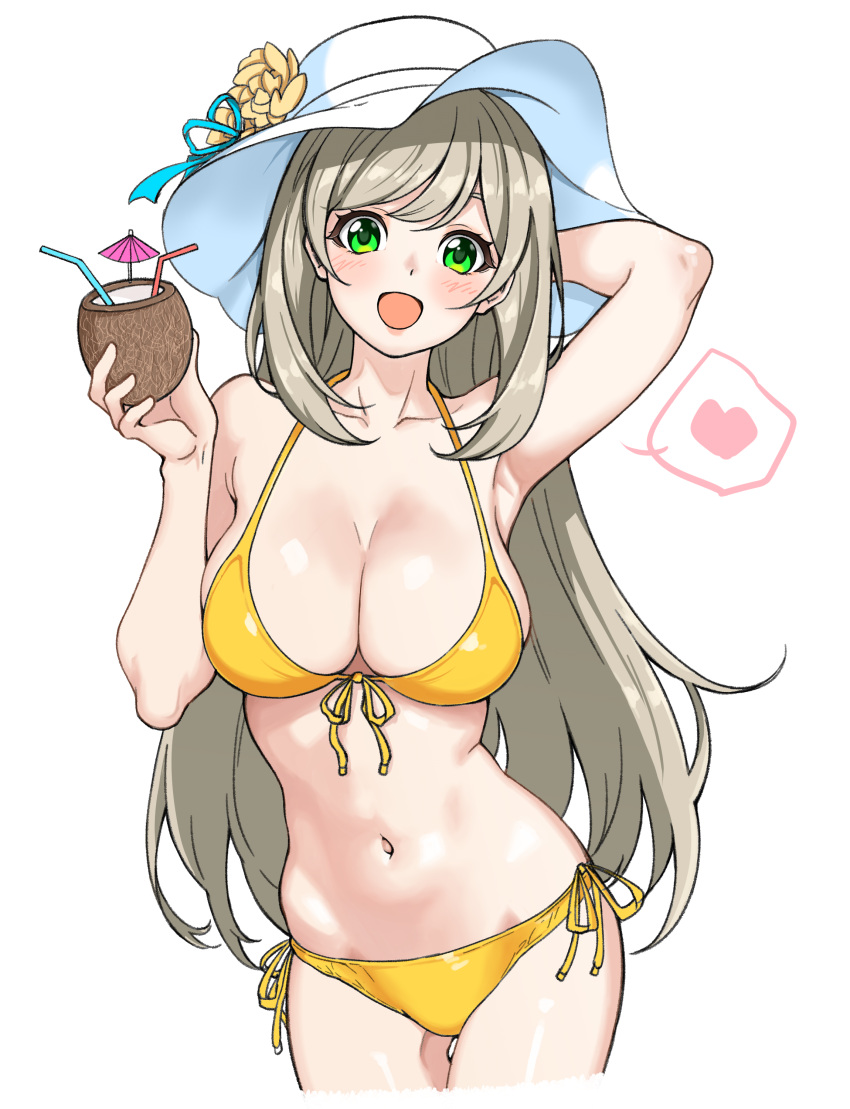 1girl absurdres aqua_ribbon arm_behind_head arm_up armpits bikini blue_archive blush breasts cleavage coconut collarbone cowboy_shot dot_nose drink drinking_straw flower front-tie_bikini_top front-tie_top green_eyes grey_hair hat hat_flower hat_ribbon heart highres holding holding_drink large_breasts long_hair looking_at_viewer navel nonomi_(blue_archive) open_mouth parabi ribbon side-tie_bikini_bottom sidelocks simple_background solo spoken_heart sun_hat swimsuit white_background white_headwear yellow_bikini