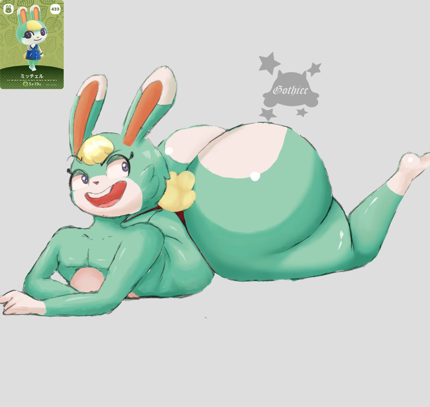 animal_crossing anthro big_butt blonde_hair blue_eyes butt clothing dipstick_ears female gloves_(marking) gothicc hair hi_res huge_butt lagomorph leg_markings leporid lying mammal markings multicolored_body multicolored_ears nintendo on_front open_mouth rabbit sasha_(animal_crossing) socks_(marking) solo thick_thighs thong two_tone_body underwear