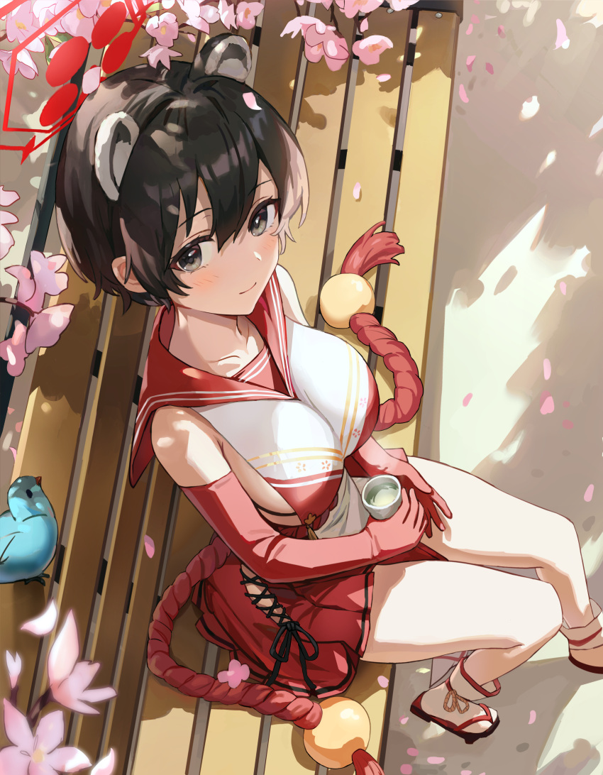 1girl animal_ears bench bird black_hair blue_archive breasts cherry_blossoms closed_mouth cup elbow_gloves falling_petals from_above geta gloves grey_eyes halo highres holding holding_cup kuza_brs large_breasts petals pleated_skirt red_gloves red_skirt sailor_collar short_hair sitting sitting_on_bench skirt smile socks solo tsubaki_(blue_archive)