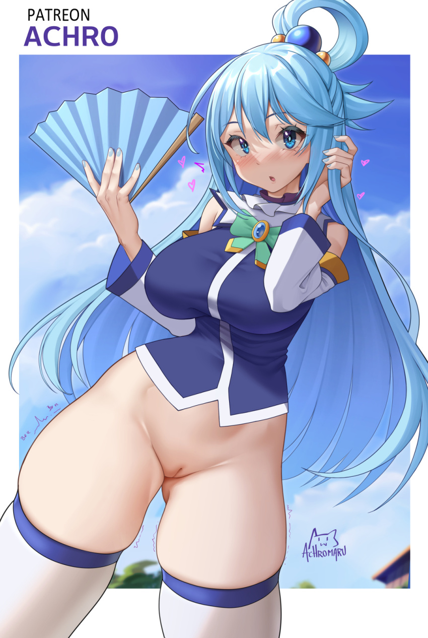 1girl achromaru aqua_(konosuba) bare_shoulders blue_eyes blue_gemstone blue_hair blue_nails blush bottomless bow bowtie breasts caught cowboy_shot day detached_sleeves embarrassed english_commentary exhibitionism gem green_bow green_bowtie hair_between_eyes hand_fan hands_up heart highres holding holding_fan holding_hair kono_subarashii_sekai_ni_shukufuku_wo! large_breasts long_hair no_panties open_mouth outdoors public_indecency pussy skindentation solo thighs trembling uncensored very_long_hair