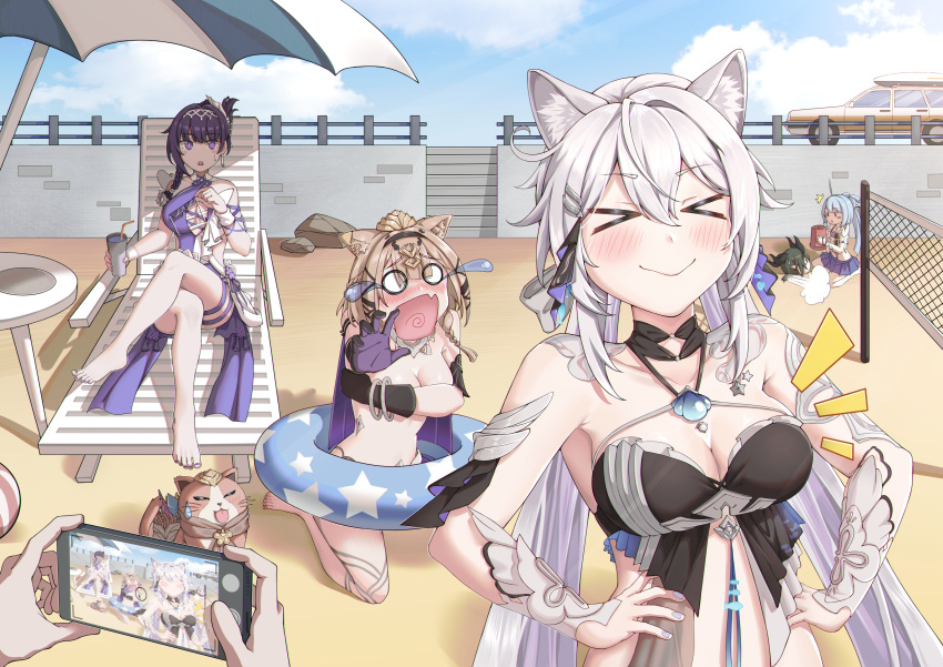 &gt;_&lt; 1boy 4girls =_= absurdres ahoge animal animal_ears ball beach beachball black_gloves black_horns blue_hair blush braid breasts bucket can_(honkai_impact) cat cat_ears cat_girl chinese_commentary cleavage closed_mouth clothes_removed collarbone crossed_legs cup drinking_straw gloves green_hair griseo hand_on_own_hip highres holding holding_bucket holding_cup holding_phone honkai_(series) honkai_impact_3rd horns kiana_kaslana kiana_kaslana_(herrscher_of_finality) kneeling kosma large_breasts light_brown_hair long_hair looking_at_another medium_breasts medium_hair multiple_girls no_nose o_o official_alternate_costume on_floor open_mouth outdoors pardofelis_(honkai_impact) phone raiden_mei raiden_mei_(herrscher_of_origin) ryouya_(ryoya) sand short_hair single_bare_leg sitting smile standing sweatdrop taking_picture theft upper_body volleyball_net white_hair