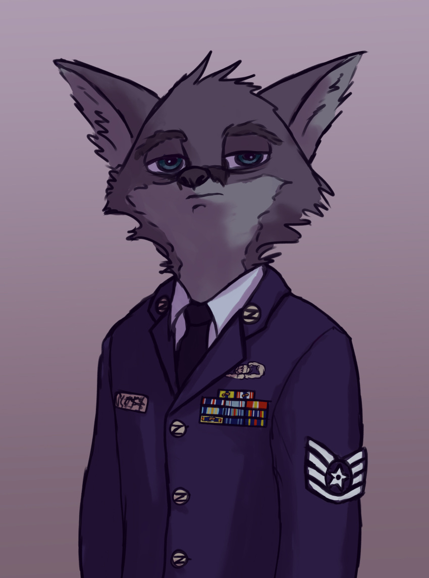 anthro badge blue_eyes canid canine clothing famished_(artist) fox grey_fox hamilton_(famished) hi_res looking_at_viewer male mammal necktie simple_background solo suit uniform urocyon