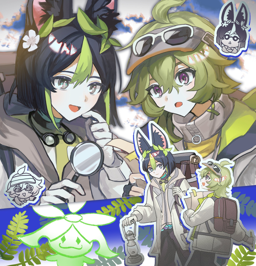 1boy 1girl absurdres animal_ear_fluff animal_ears aranara_(genshin_impact) black_hair blunt_ends bob_cut collei_(genshin_impact) collei_(kiehls')_(genshin_impact) eyewear_on_head fox_boy fox_ears genshin_impact gloves green_eyes green_hair grey_hood grey_jacket hair_ornament highres holding holding_lantern holding_magnifying_glass hood hood_down jacket lantern leaf_hair_ornament light_green_hair long_sleeves looking_at_viewer magnifying_glass multicolored_hair official_alternate_costume open_mouth purple_eyes short_hair streaked_hair tighnari_(genshin_impact) tighnari_(kiehls')_(genshin_impact) white_gloves