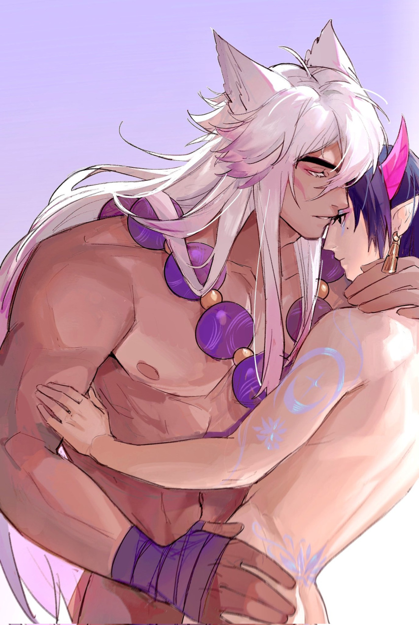 2boys animal_ears bead_necklace beads character_request couple dark_skin highres hug jewelry long_hair male_focus multiple_boys muscular muscular_male necklace pectorals pointy_ears purple_hair topless white_hair wolf_ears yaoi