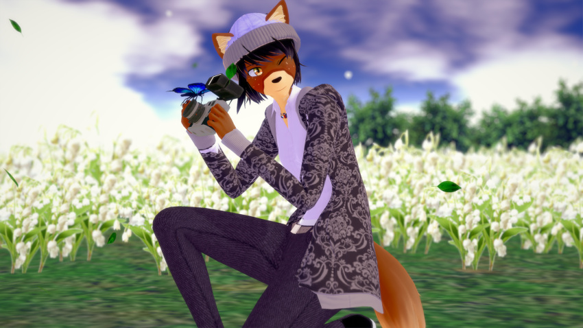 16:9 anthro arthropod beanie black_hair blue_sky bottomwear brown_body brown_ears brown_fur butterfly camera canid canine canis clothing cloud deer denim denim_clothing field fur grey_clothing hair happy hat headgear headwear hi_res hinasan4857 holding_camera holding_object horn hybrid inner_ear_fluff insect jacket jeans jewelry kneeling koroko_(hinasan4857) leaf lepidopteran male mammal multicolored_body necklace one_eye_closed pants petals plant shirt sky smile solo solo_focus tail topwear trans_(lore) trans_man_(lore) tree tuft white_clothing white_flowers white_shirt white_topwear widescreen wind wolf yellow_eyes