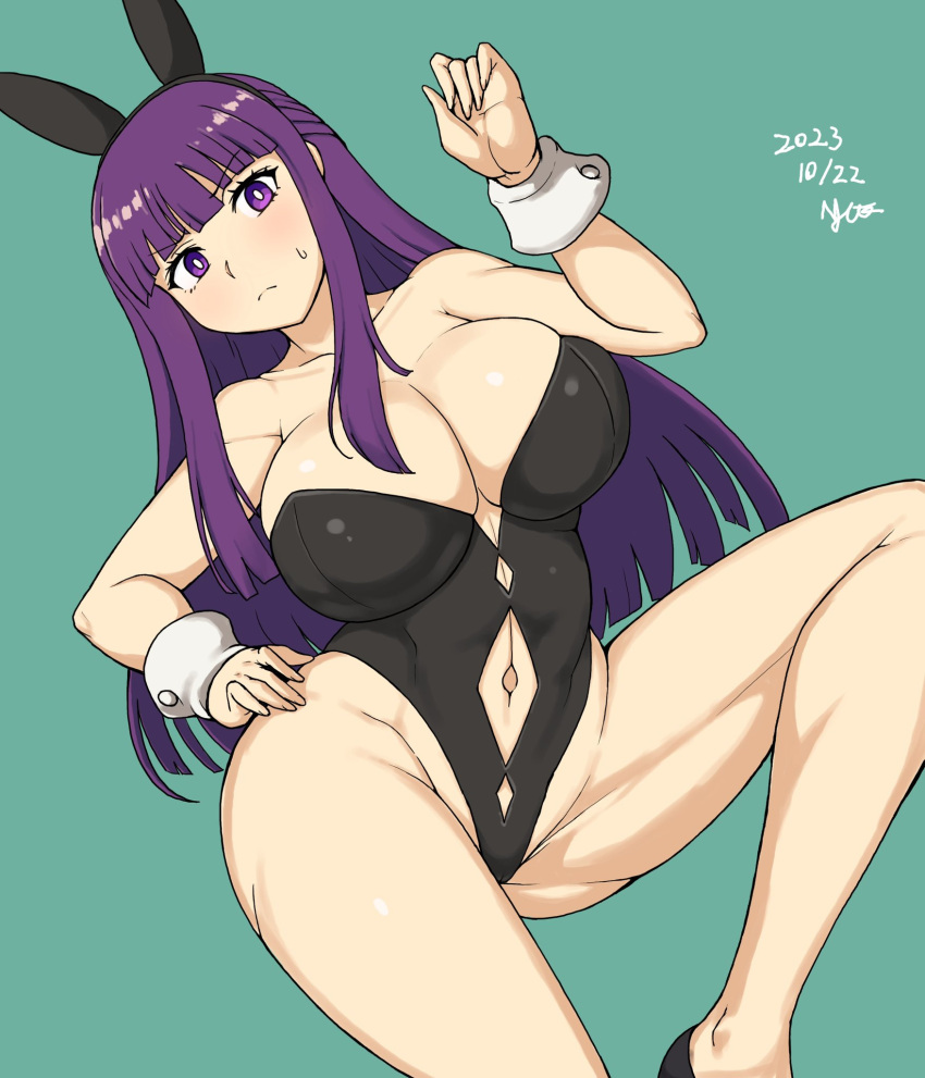 1girl animal_ears artist_name black_bodysuit blunt_bangs bodysuit breasts clothing_cutout dated fake_animal_ears feet_out_of_frame fern_(sousou_no_frieren) highres large_breasts long_hair looking_at_viewer midriff nishiumi_yuuta playboy_bunny purple_eyes purple_hair solo sousou_no_frieren stomach_cutout sweat thighs