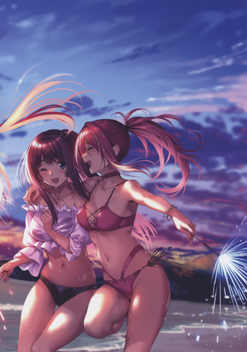 2girls absurdres bare_shoulders bikini blurry blurry_background bracelet breasts choker closed_mouth cloud cloudy_sky collarbone gradient_sky hair_ornament hanikami_kanojo highres holding jewelry leg_up long_hair medium_breasts multiple_girls myouga_satsuki navel one_eye_closed open_mouth outdoors piromizu ponytail scan shore simple_background sky smile stomach swimsuit thighs water water_drop wet wet_hair x_hair_ornament