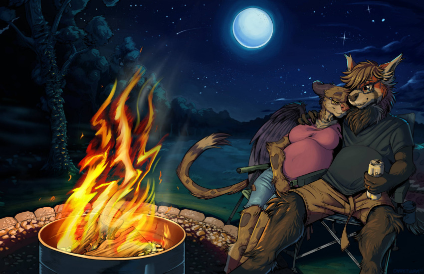 2023 ailurid anthro beverage biped carpetwurm clothed clothing colored detailed_background duo eyewear female fire firepit glasses hair hi_res holding_beverage holding_object male mammal moon night outside red_panda sitting sky smile star