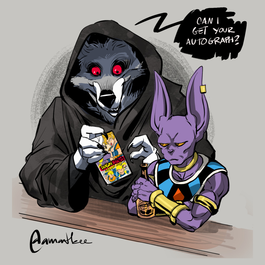 amartbee anthro armband armor beerus beverage black_claws black_nose black_pupils black_sclera bottle canid canine canis claws cloak clothing container crossover death_(puss_in_boots) dialogue domestic_cat dragon_ball dragon_ball_super dragon_ball_z dreamworks duo ear_piercing ear_ring egyptian_clothing english_text facial_markings felid feline felis fluffy frown fur furniture gauntlets gloves grey_body grey_fur grin hairless hairless_cat handwear head_markings hi_res holding_object long_ears looking_at_another looking_down looking_up male mammal markings mask_(marking) piercing poncho prick_ears pupils purple_body purple_skin puss_in_boots_(dreamworks) red_eyes ring_piercing sharp_claws signature simple_background sitting size_difference smile speech_bubble sphynx_(cat) table text white_body white_fur white_pupils wolf yellow_eyes