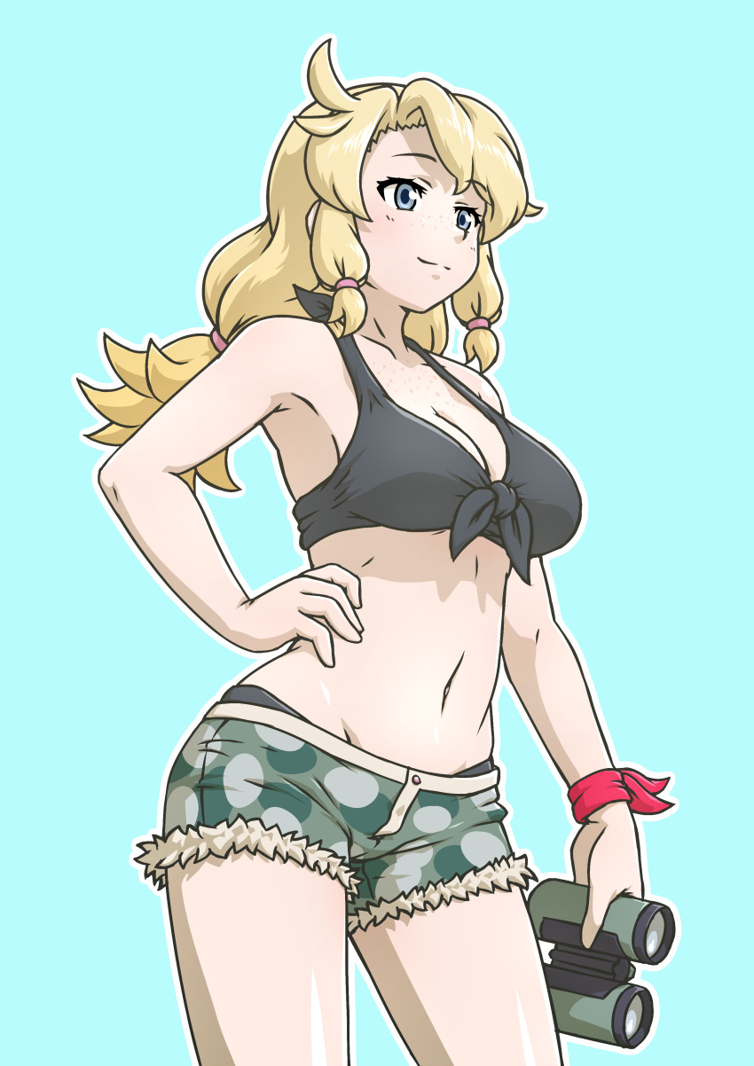 1girl absurdres acesrulez bikini bikini_under_clothes binoculars black_bikini blonde_hair blue_eyes breasts calenda_(kemono_friends) camouflage camouflage_shorts front-tie_bikini_top front-tie_top highres holding holding_binoculars kemono_friends kemono_friends_3 large_breasts long_hair midriff navel short_shorts shorts smile solo swimsuit twintails