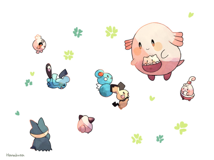 &gt;_&lt; :d animal_focus artist_name azurill blue_skin chansey cleffa clover colored_skin commentary_request four-leaf_clover from_behind hanabusaoekaki happiny highres igglybuff munchlax no_humans pichu pink_skin pokemon pokemon_(creature) pouch simple_background smile solid_circle_eyes solid_oval_eyes tail togepi white_background wynaut xd yellow_skin