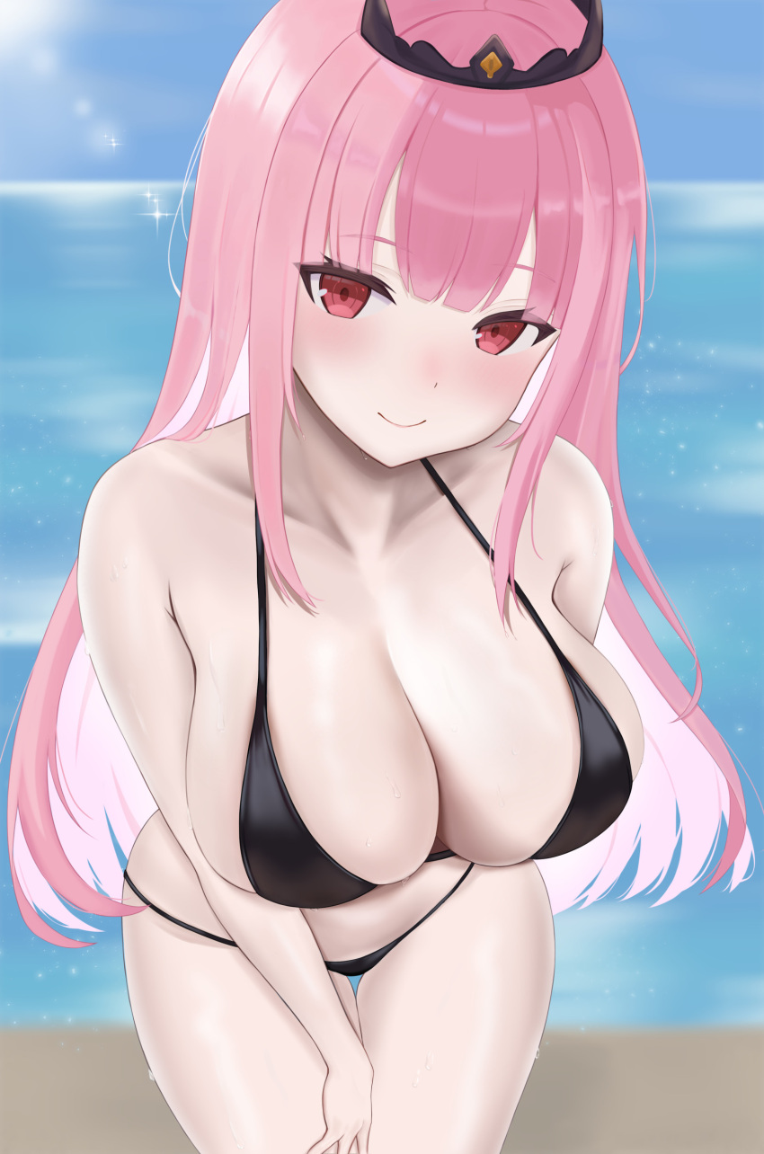 1girl absurdres armpit_crease beach bikini black_bikini black_tiara blue_sky blunt_bangs blush breasts cleavage closed_mouth collarbone commentary day english_commentary hand_on_own_leg highres hololive hololive_english huge_breasts leaning_forward long_bangs long_hair looking_at_viewer mori_calliope ocean outdoors pink_eyes pink_hair sky smile solo stomach string_bikini sunlight swimsuit thighs tiara virtual_youtuber water wennananyan wet