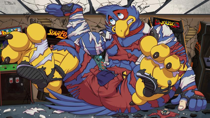 16:9 2023 3_toes anthro arcade arcade_machine avian beak big_feet bird blue_body body_size_growth bottomwear bulge clothing falco_lombardi feathers feet hi_res inside macro male muscular muscular_male nintendo pants pheagle scouter size_transformation soles solo star_fox teaselbone toes torn_clothing torn_shoes transformation widescreen